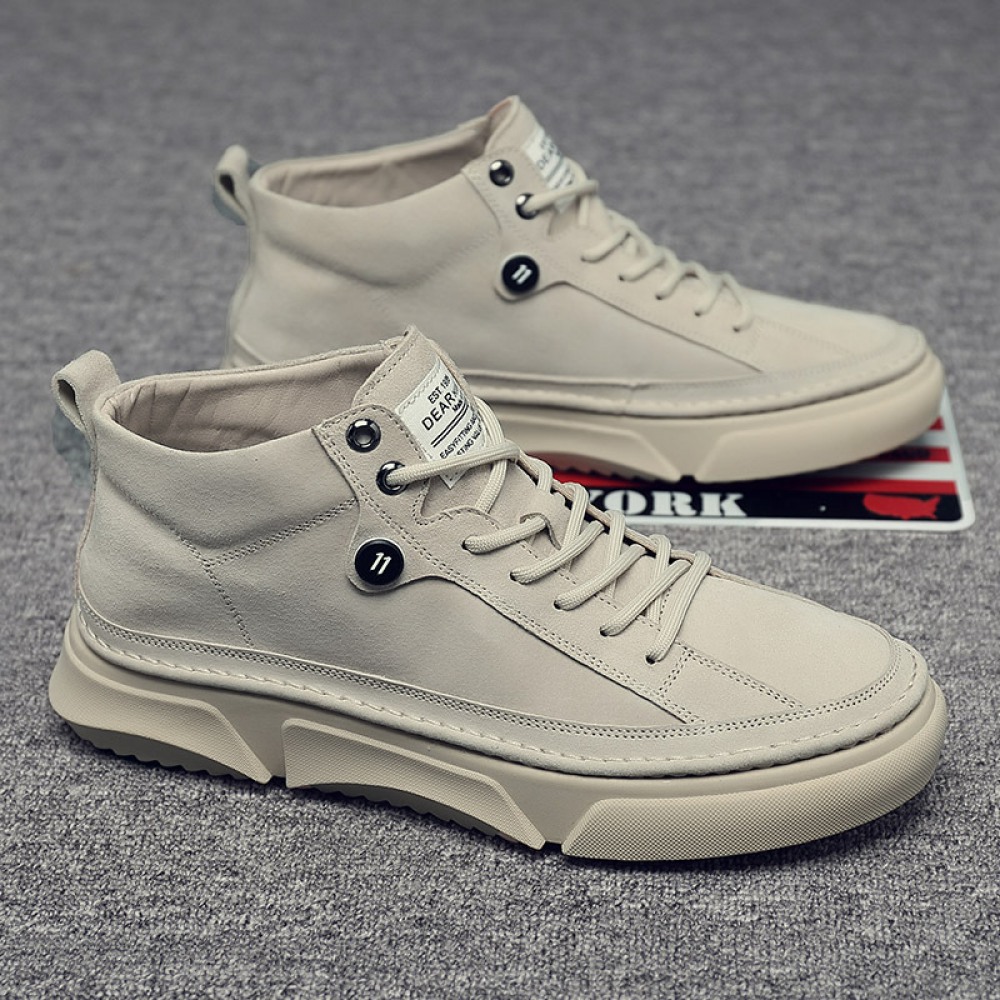 Autumn Men's New High-Top Leather Sneakers Casual Martin Boots Trendy White Shoes